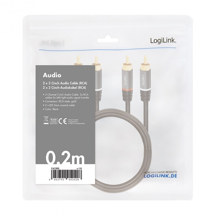 Imagine Cablu 2 x RCA la 2 x RCA T-T 2.5m Negru, Logilink CA1205